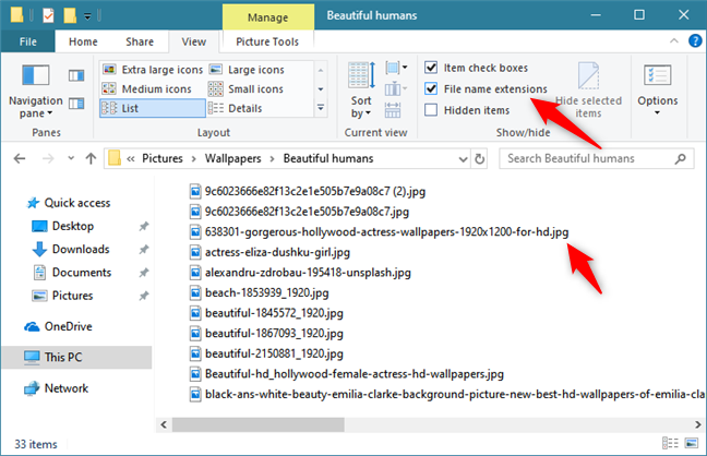 Showing file extensions in File Explorer