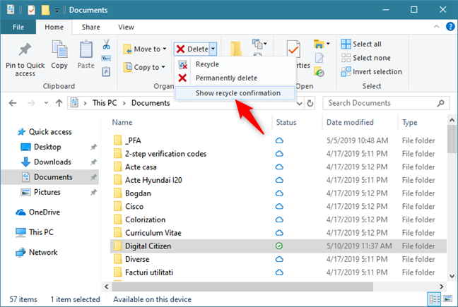 Show recycle confirmation in File Explorer