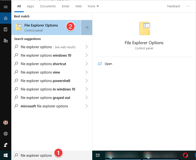 Search for File Explorer Options in Windows 10