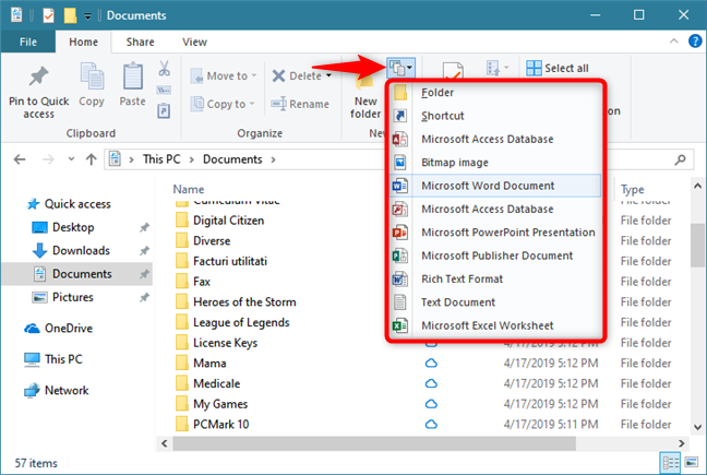 Creating a new item: folder, shortcut, file