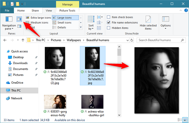 Showing the Preview pane on the right side of File Explorer