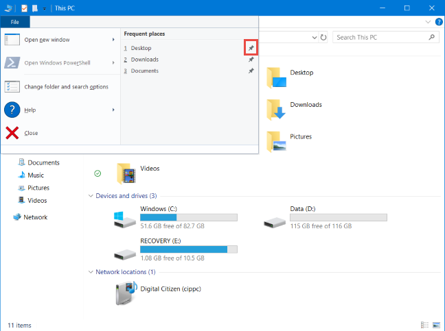 The File menu in File Explorer - pinning frequent folders