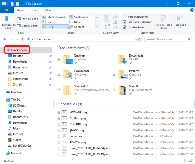 Quick access in File Explorer