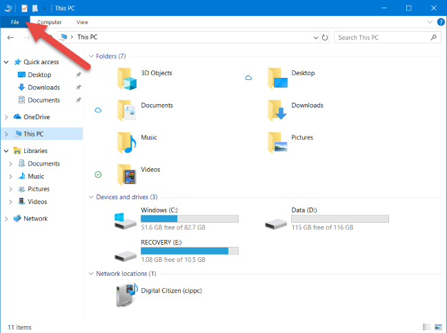 The File tab in File Explorer