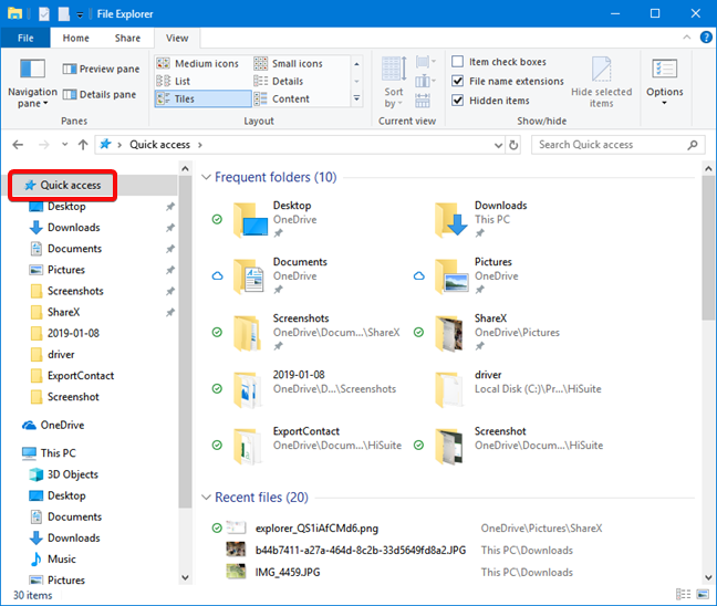 Quick access in File Explorer