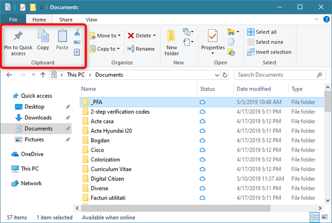 The Clipboard section from File Explorer