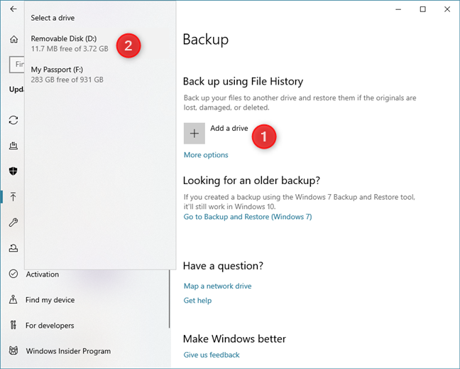 Choosing to use a different drive for storing the data backed up by File History