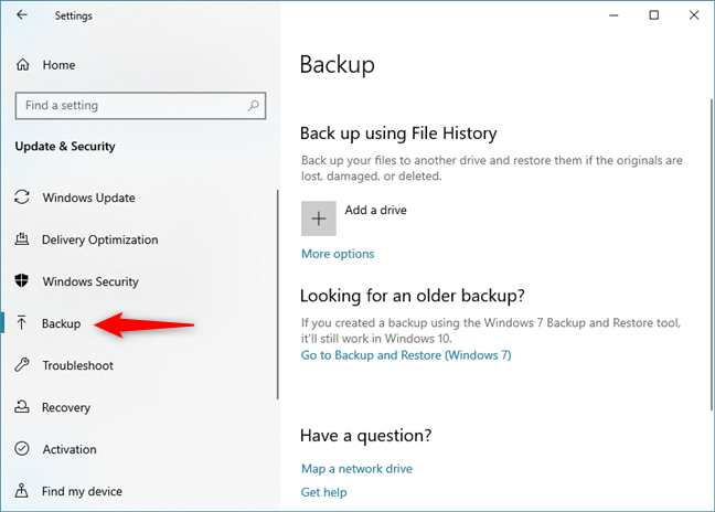 The File History settings are found in the Backup section of the Settings app