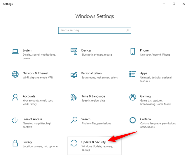 The Update &amp; Security section from the Windows 10 Settings app