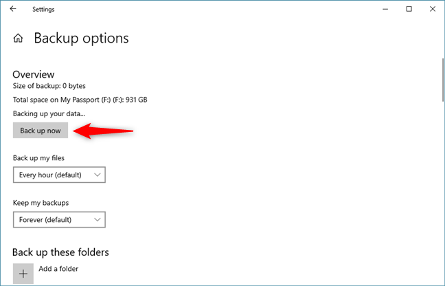 Running a manual backup run of File History