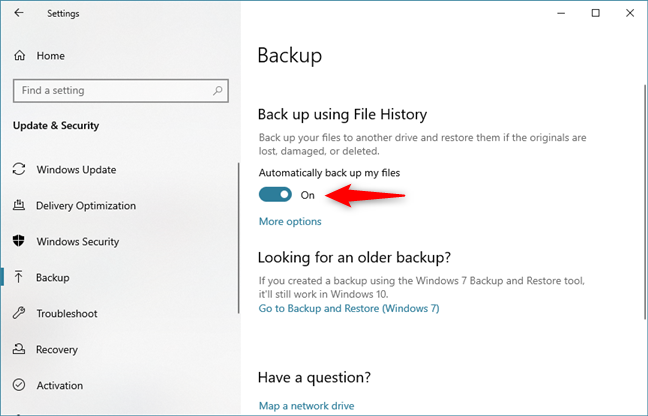 If the Automatically back up my files switch is On, then File History is enabled