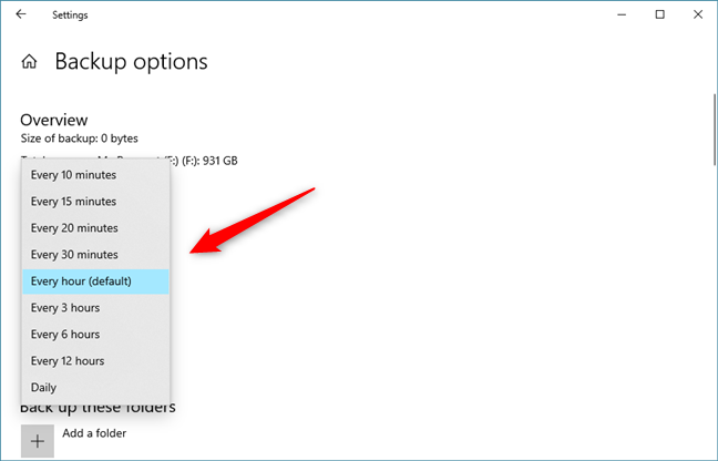 The setting for how often files are backed up by File History