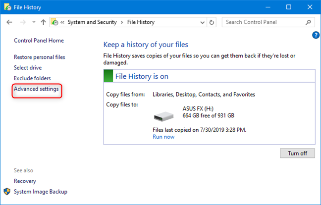 Click Advanced settings in File History