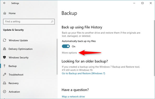The More options link from the Back up using File History settings page