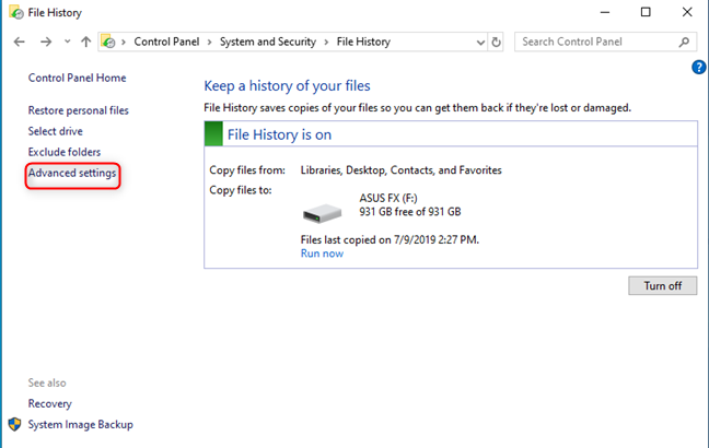 File History - Advanced settings