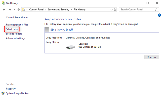 Select the drive for File History