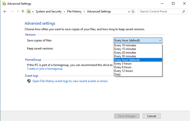 How often File History saves copies of files