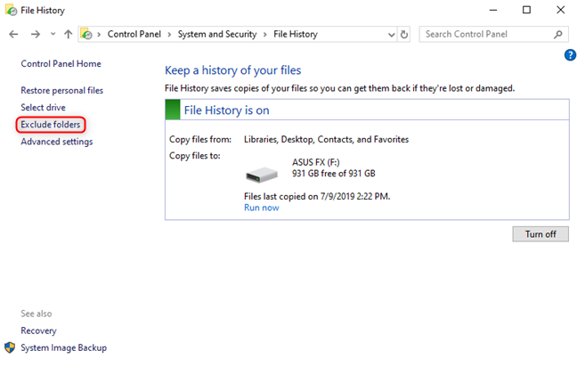 Exclude folders from File History