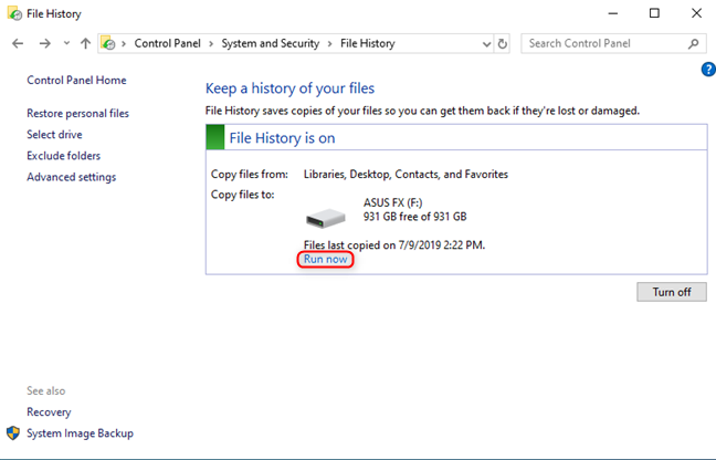 Manually run a File History backup