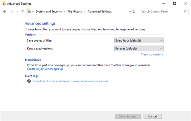 File History - Advanced settings