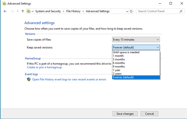 How long File History saves versions of your files