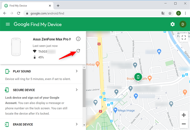 Press refresh to try locating your device again
