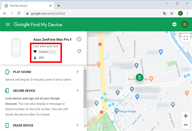 Find My Device displays info about your Android