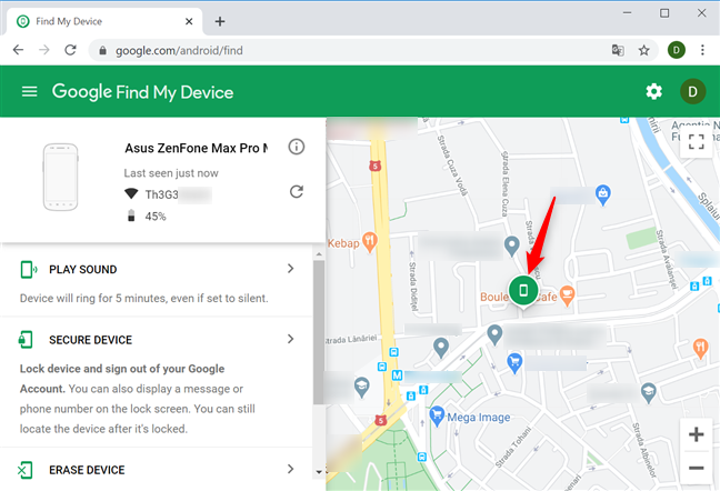 Your device is shown on the map
