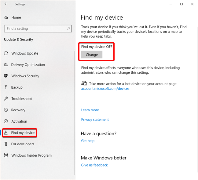 Find my device is turned off in Windows 10