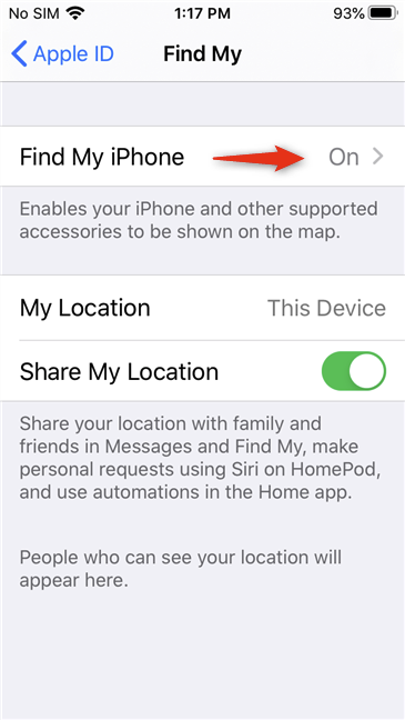 The Find My iPhone settings