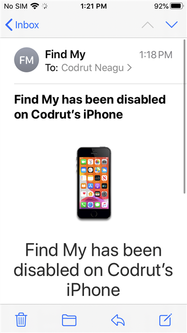 An email message sent by Apple to confirm that Find My iPhone has been disabled