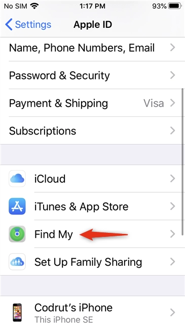 Opening the Find My settings on an iPhone