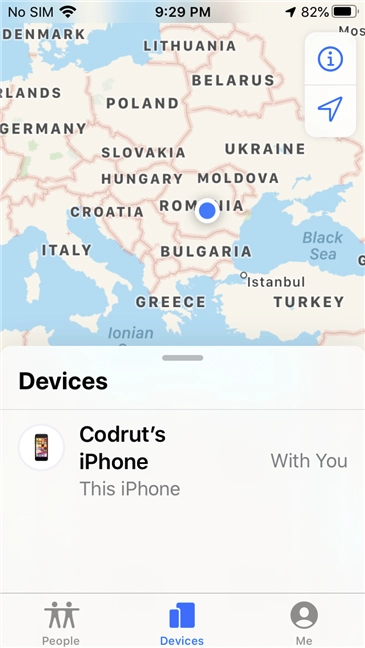 Find My iPhone showing the location of an iPhone