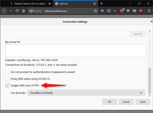 The Enable DNS over HTTPS setting from Firefox's Connection Settings