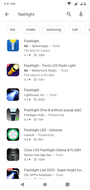 Searching for flashlight on the Google Play Store returns many results