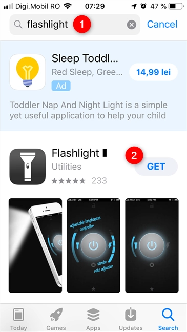 Searching and installing a flashlight app from the App Store