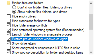 Restore previous folder windows at logon