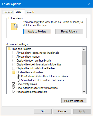 Folder Options - Advanced settings