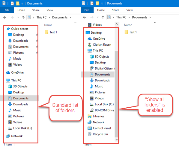 File Explorer showing all folders vs the standard list