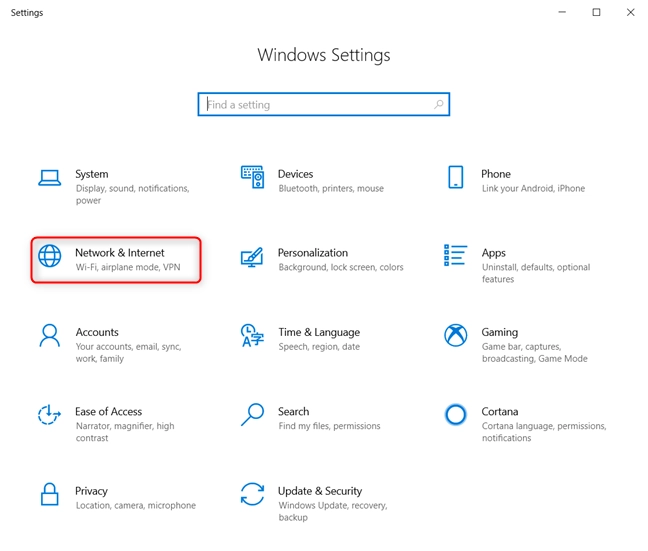 Windows 10 Settings - Go to Network &amp; Internet