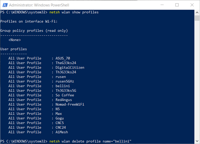 Delete a network profile from PowerShell
