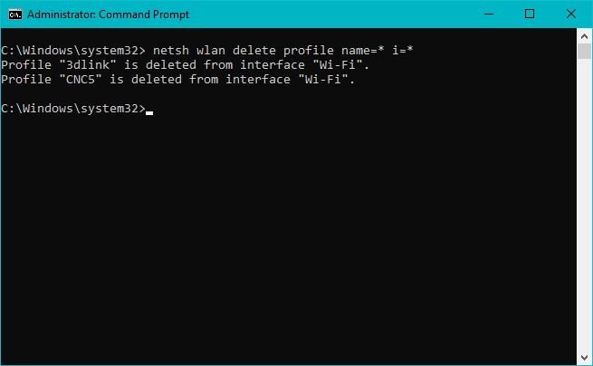 All network profiles were deleted from the Command Prompt