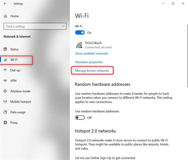 Manage known networks in Windows 10