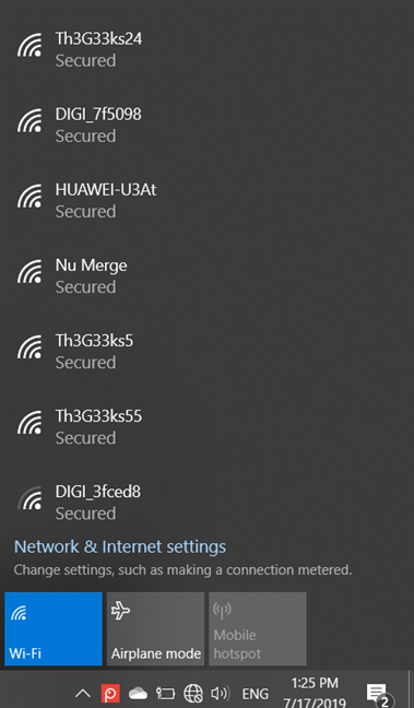 Windows 10 showing the WiFi networks in your area