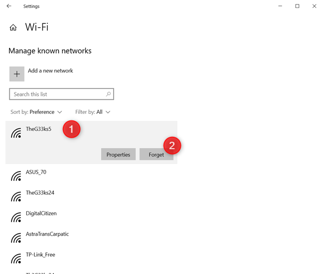 Forget a wireless network in Windows 10