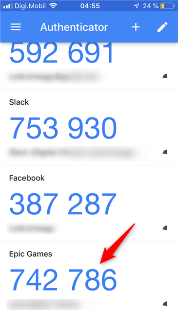 The Epic Games security codes generated by the authenticator app