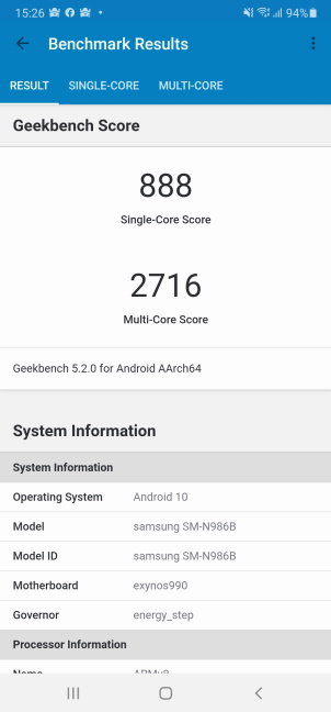 Samsung Galaxy Note20 Ultra 5G - Geekbench results