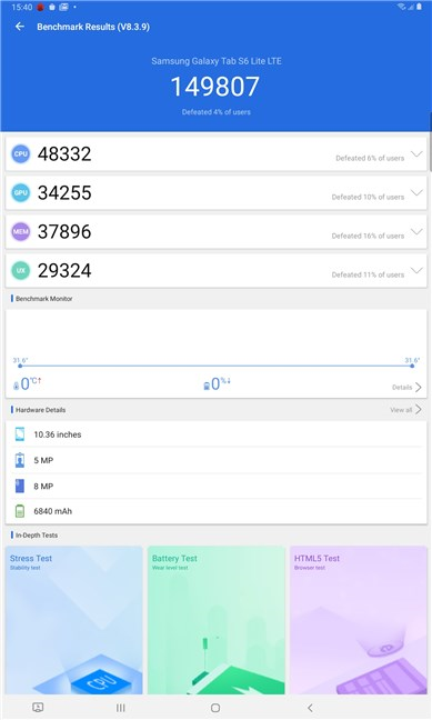 Samsung Galaxy Tab S6 Lite: AnTuTu benchmark results