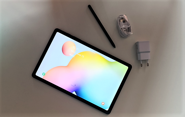 The Samsung Galaxy Tab S6 Lite tablet together with its charger and S Pen