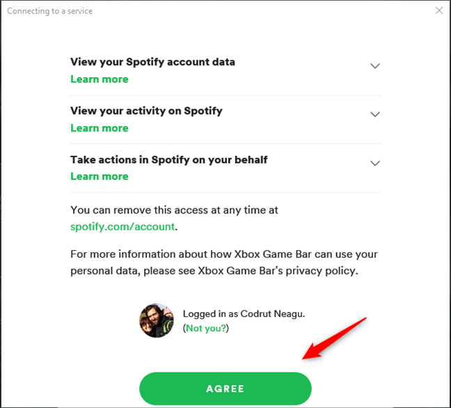 Give to the Xbox Game Bar the permission to connect to your Spotify account